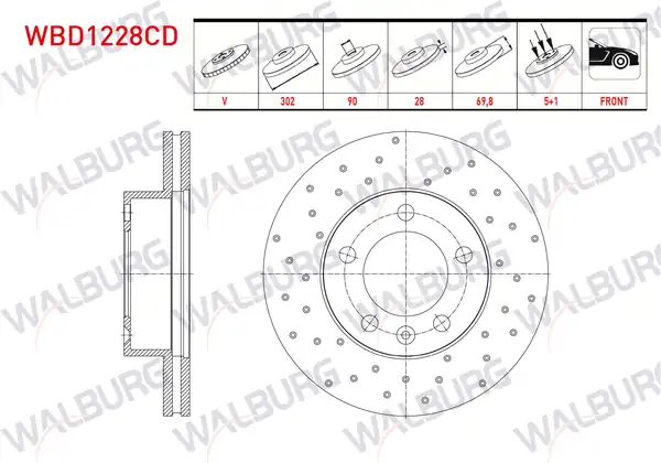 WALBURG WBD1228CD | Fren Diski Ön Havalı Kaplamalı Performans Delikli 5 Bjn 2 Adet