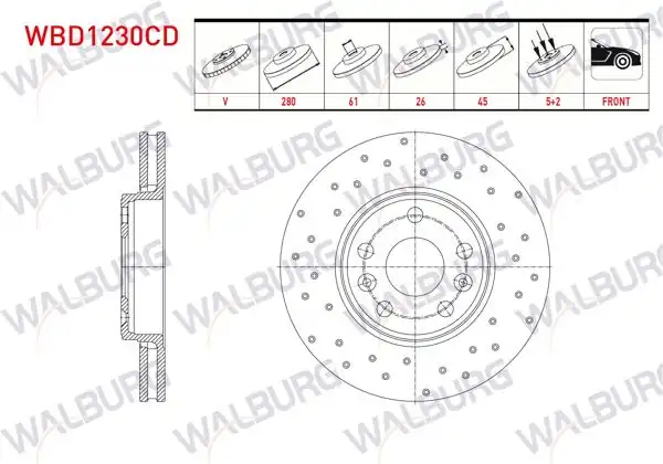 WALBURG WBD1230CD | Fren Diski Ön Havalı Kaplamalı Performans Delikli 5 Bjn 280X26x61x45 Renault Kangoo Express (Fc0 / 1_) 1.5 DCI 2008-/ Kangoo (Kw0 / 1) 1.5 DCI 2008-| 2 Adet