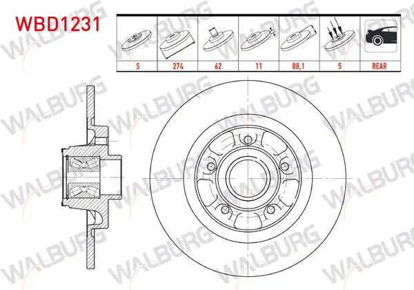 WALBURG WBD1231 | Fren Diski Arka Düz 5 Bjn 274x11x61 92x88 2 Renault Kangoo 2 Adet