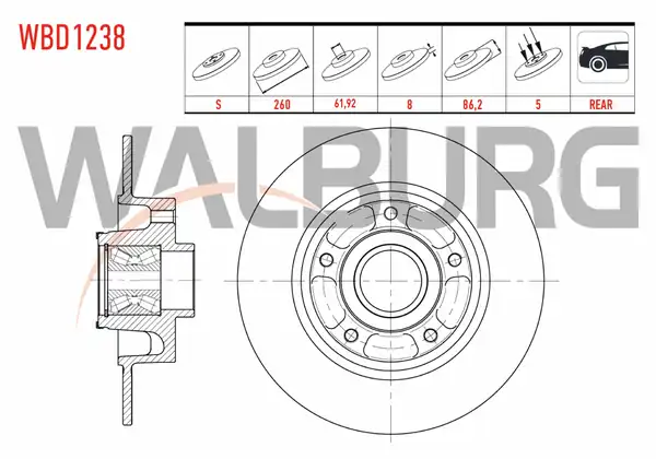 WALBURG WBD1238 | Fren Diski Arka Düz 5 Bjn 260x8x62x86 Renault Renault Megane 2 Adet