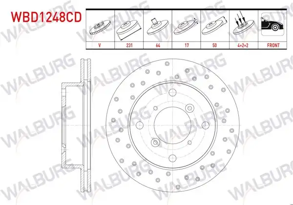 WALBURG WBD1248CD | Fren Diski Ön Havalı Kaplamalı Performans Delikli 4 Bjn | 2 Adet