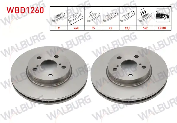WALBURG WBD1260 | Fren Diski Ön Havalı 5 Bjn 260x25x55x49 3 Toyota Avensis T22 1 6i 1997 2003 Avensis T22 2 0i 1997 2003 2 Adet