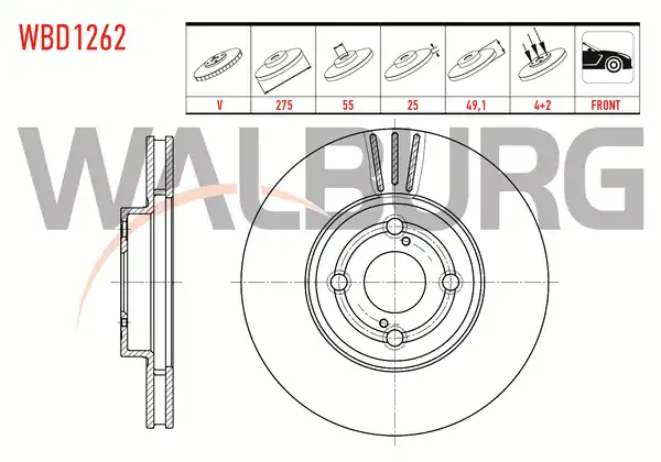 WALBURG WBD1262 | Fren Diski Ön Havalı 4 Bjn 275x25x55x49 1 Toyota Corolla 2 Adet