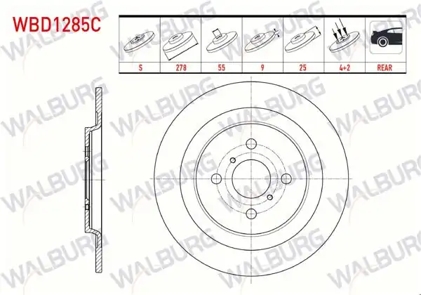 WALBURG WBD1285C | Fren Diski Arka Düz Kaplamalı 4 Bjn 278X9x55x25 Yaris | 2 Adet