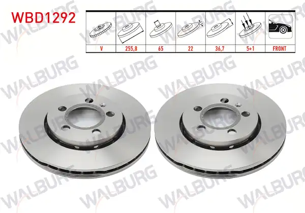WALBURG WBD1292 | Fren Diski Ön Havalı 5 Bjn 255 8x22x65x36 7 Volkswagen Golf IV 1j1 1 4i 16v 1997 2005 2 Adet