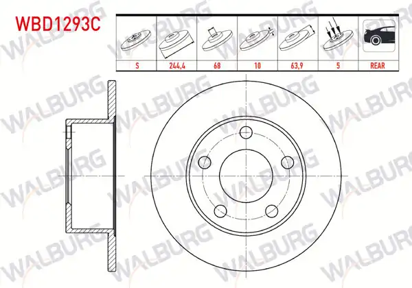 WALBURG WBD1293C | Fren Diski Arka Düz Kaplamalı 5 Bjn 244,4X10x68x63,9 Volkswagen Passat 1.6-1.8-1.9 TDI 1996-2005 / Skoda Superb 1.8 T-1.9 TDI-2.0 TDI 2010-2015 / Audi A6 2.0-2.5 TDI 1994-1997 / Audi 100 2.0 1982-1990 | 2 Adet