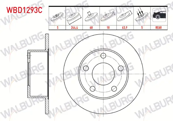 WALBURG WBD1293C | Fren Diski Arka Düz Kaplamalı 5 Bjn 244 4x10x68x63 9 2 Adet