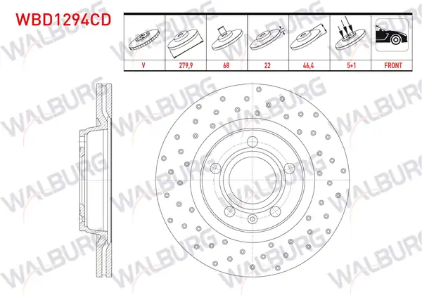 WALBURG WBD1294CD | Fren Diski Ön Havalı Kaplamalı Performans Delikli 5 Bjn 2 Adet