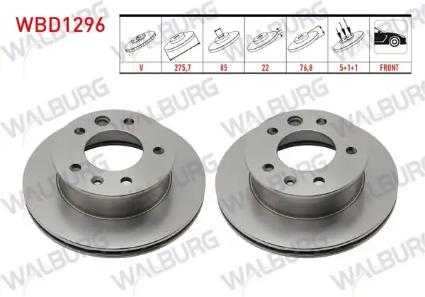 WALBURG WBD1296 | Fren Diski Ön Havalı 5 Bjn 275,7X22x85x76,8 Volkswagen Lt 28-35 II 2.5 TDI-2.8 TDI 1996-2006 / Lt 28-46 II 2.5 TDI 1996-2006 / Sprinter 2T 208D-210D 1995-2006 / Sprinter 3,5T 313-315-316 CDI 2006-2009 | 2 Adet