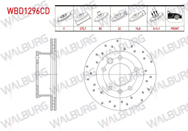 WALBURG WBD1296CD | Fren Diski Ön Havalı Kaplamalı Performans Delikli 5 Bjn 275,7X22x85x76,8 Volkswagen Lt 28-35 II 2.5 TDI-2.8 TDI 1996-2006 / Lt 28-46 II 2.5 TDI 1996-2006 / Sprinter 2T 208D-210D 1995-2006 / Sprinter 3,5T | 2 Adet