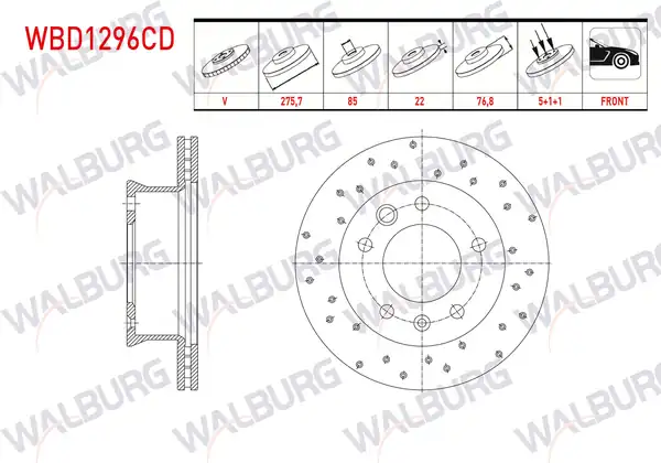 WALBURG WBD1296CD | Fren Diski Ön Havalı Kaplamalı Performans Delikli 5 Bjn 2 Adet