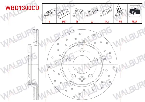 WALBURG WBD1300CD | Fren Diski Arka Havalı Kaplamalı Performans Delikli 5 Bjn 2 Adet