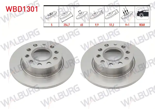 WALBURG WBD1301 | Fren Diski Arka Düz 5 Bjn 253x9 9x65x51 2 Golf V 2 Adet
