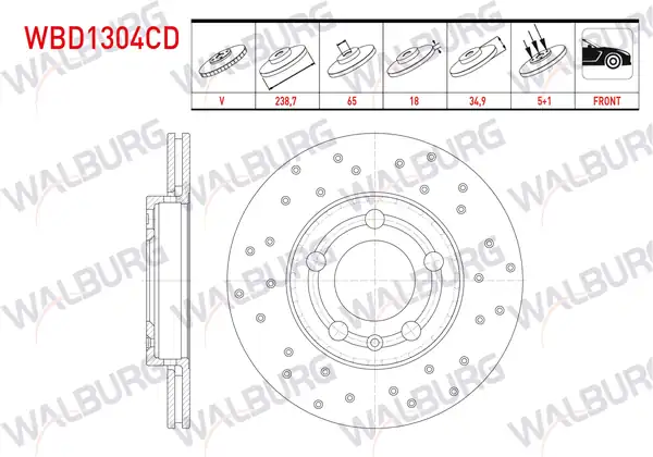 WALBURG WBD1304CD | Fren Diski Ön Havalı Kaplamalı Performans Delikli 5 Bjn 2 Adet