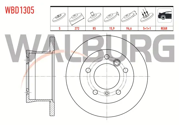 WALBURG WBD1305 | Fren Diski Arka Düz 5 Bjn 271,2X15,9X85x96,6 Volkswagen Lt 28-35 II 2.5 TDI-2.8 TDI 1996-2006 / Mercedes Sprinter 2T 208D-210D-213Cdı 1995-2006 / Sprinter 3,5T 315-316 CDI 2006-2009 | 2 Adet