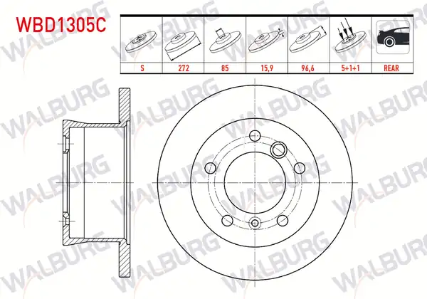 WALBURG WBD1305C | Fren Diski Arka Düz Kaplamalı 5 Bjn 271 2x15 9x85x96 6 2 Adet