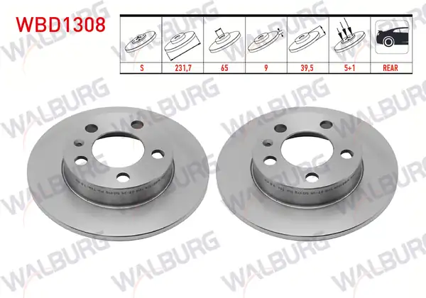 WALBURG WBD1308 | Fren Diski Arka Düz 5 Bjn 230x9x65x40 6 VW Golf IV 2 Adet