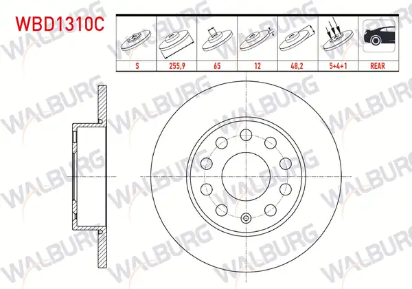 WALBURG WBD1310C | Fren Diski Arka Düz Kaplamalı 5 Bjn 255 9x12x65x48 2 Golf V 2 Adet