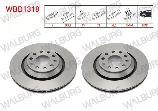 WALBURG WBD1318 | Fren Diski Arka Havalı 5 Bjn 309 9x22x65x48 5 Golf V 2 Adet