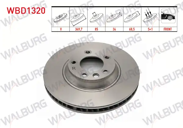 WALBURG WBD1320 | Fren Diski Ön Sağ Havalı 5 Bjn 18 Jant 349,7X34x85x68,5 Volkswagen Touareg 2.5 R5 TDI-3.2İ-4.2 V8-5.0 V10 TDI-3.0 V6 TDI 2002-2010 / Porsche Cayenne 3.0 TDI-3.2İ-S4.5İ-S4.8İ 2002-2010