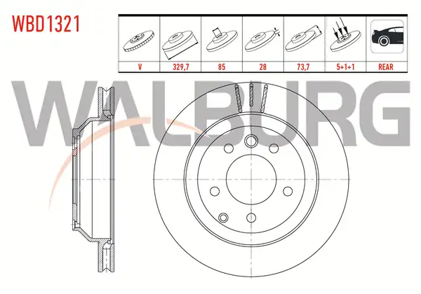 WALBURG WBD1321 | Fren Diski Arka Havalı 5 Bjn 17 Jant 330x28x85x73 5 Touareg 2 Adet