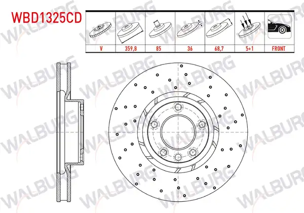 WALBURG WBD1325CD | Fren Diski Sol Ön Havalı Kaplamalı Performans Delikli 5 Bjn