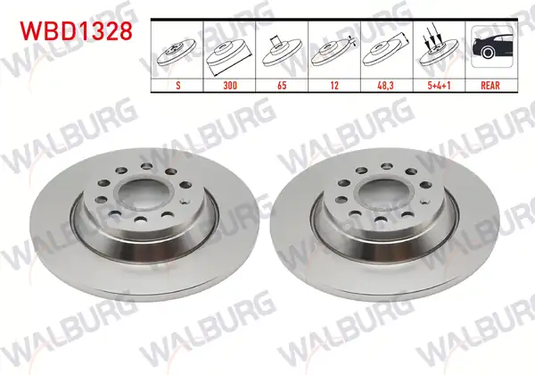 WALBURG WBD1328 | Fren Diski Arka Düz 5 Bjn 300x12x65x48 3 Volkswagen Golf VII 2 Adet