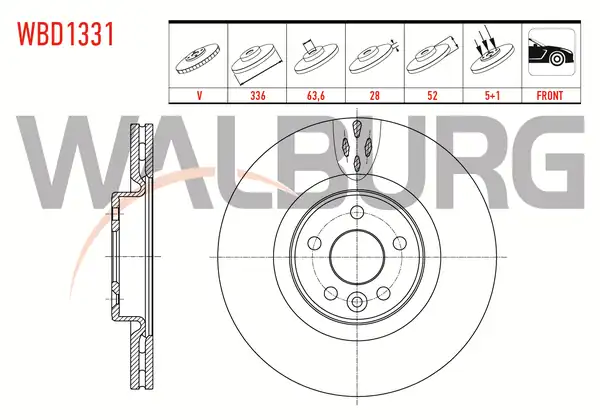 WALBURG WBD1331 | Fren Diski Ön Havalı 5 Bjn 336x28x63 6x52 Volvo S60 II 2 Adet