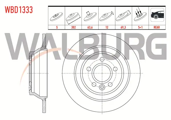 WALBURG WBD1333 | Fren Diski Arka Düz 5 Bjn 302x12x63 6x69 3 Volvo S60 II 2 Adet