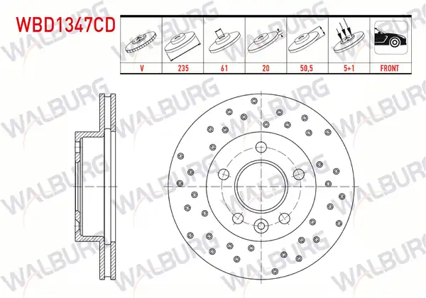 WALBURG WBD1347CD | Fren Diski Ön Havalı Kaplamalı Performans Delikli 5 Bjn 235x20x61x50 5 Dacia Logan Pick Up 1 5 dCi 2007 2 Adet