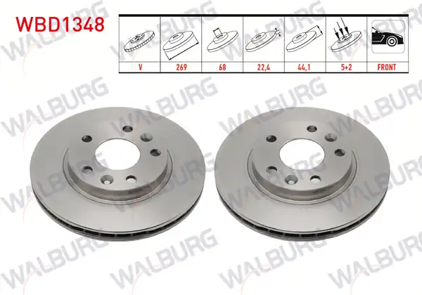 WALBURG WBD1348 | Fren Diski Ön Havalı 5 Bjn 269X22.4X68x44,1 Renault Megane IV Sedan (Lv-) 1.5 DCI 2016-/ Duster 1.6 16V 105 Hp 2009-2012 / Megane IV Sedan (Lv-) 1.2 TCE / Duster 1.5 DCI 2009-2012 | 2 Adet