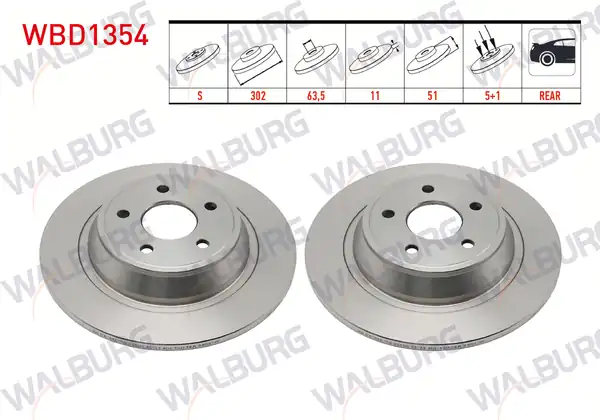 WALBURG WBD1354 | Fren Diski Arka Düz 5 Bjn 302x11x63 5x51 Ford Mondeo V 1 6 TDCI 2014 Mondeo V 1 5 Ecoboost 2014 Mondeo V 2 0 TDCI 2014 2 Adet