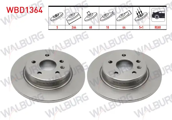 WALBURG WBD1364 | Fren Diski Arka Düz 5 Bjn 264x10x60x44 5opel Astra K 1 6 CDTI 1 6i 1 4i 15 Jant 2015 2 Adet