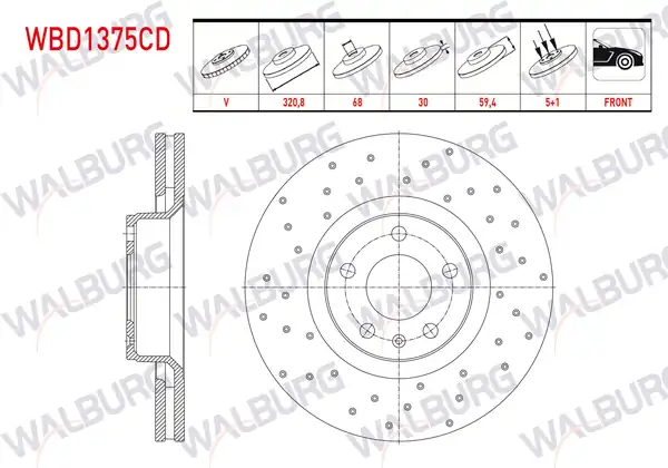WALBURG WBD1375CD | Fren Diski Ön Havalı Kaplamalı Performans Delikli 5 Bjn