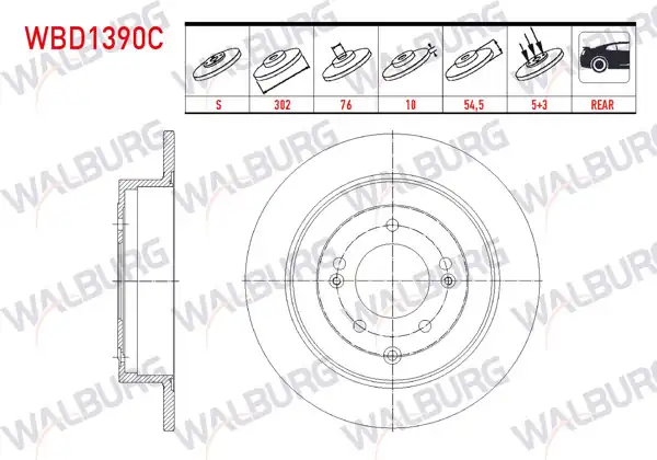 WALBURG WBD1390C | Fren Diski Arka Düz Kaplamalı 5 Bjn 302X10x54,5X76 Kia | 2 Adet