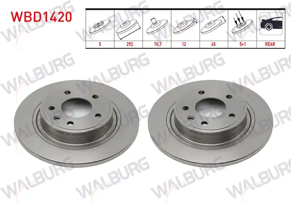 WALBURG WBD1420 | Fren Diski Arka Düz 5 Bjn 292x12x70 7x45 Opel Astra J 2 Adet