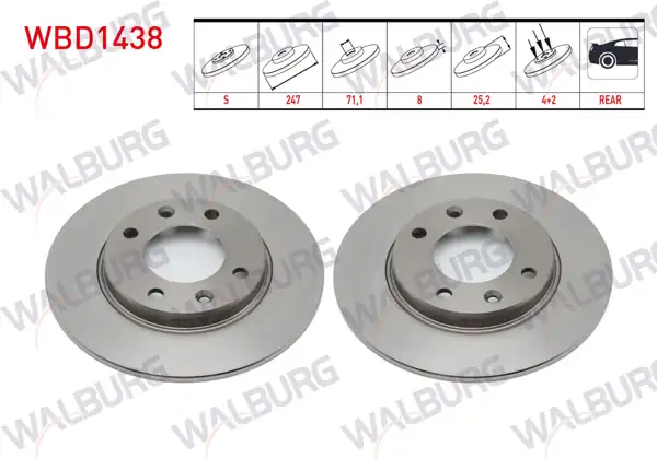 WALBURG WBD1438 | Fren Diski Arka Düz 4 Bjn 247X8x71,1X25,2 Peugeot 306 | 2 Adet