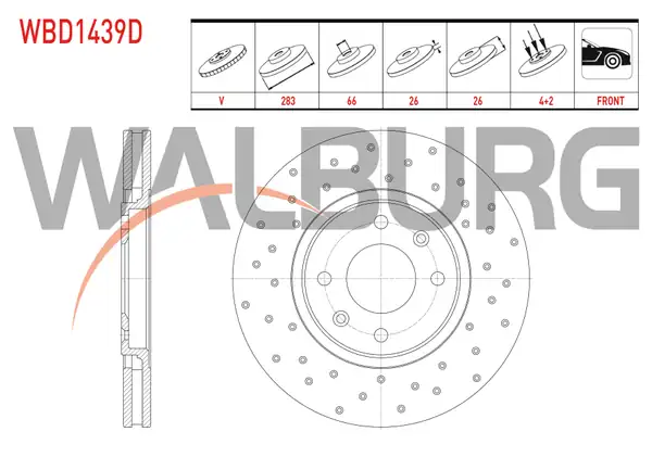 WALBURG WBD1439D | Fren Diski Ön Havalı Performans Delikli 4 Bjn 283X26x66x26 Peugeot 406 2.0İ-3.0 1995-2004 / Citroen Xantia 2.0 1993-1998 | 2 Adet