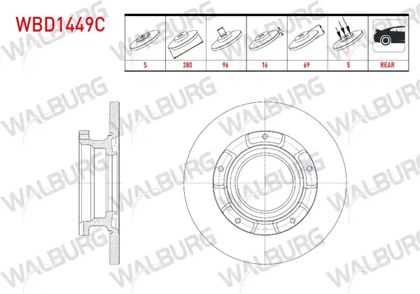 WALBURG WBD1449C | Fren Diski Arka Düz Kaplamalı 5 Bjn ABS li 280x16x96x69 Ford Transit V347 V348 2 2 TDCI 2006 2004 2 Adet