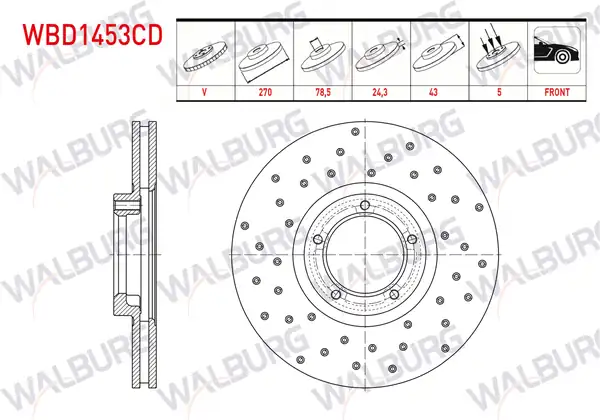 WALBURG WBD1453CD | Fren Diski Ön Havalı Kaplamalı Performans Delikli 5 Bjn 270x24 3x78 5x43 Ford Transit T15 2 5 TD 2 5 Dı 1994 2000 2 Adet
