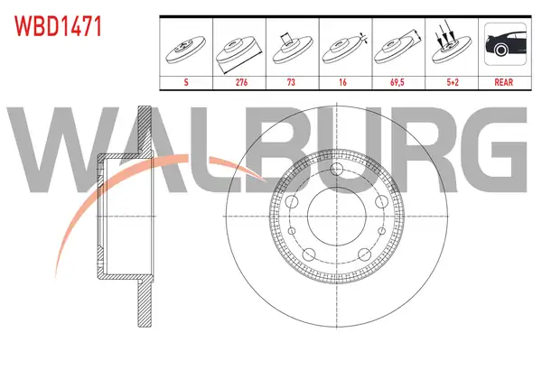 WALBURG WBD1471 | Fren Diski Arka Düz ABS li 52 Dış 5 Bjn 276x16x7369 5 Iveco Daily III 35s15 35s18 2 8 D 1999 2006 2 Adet