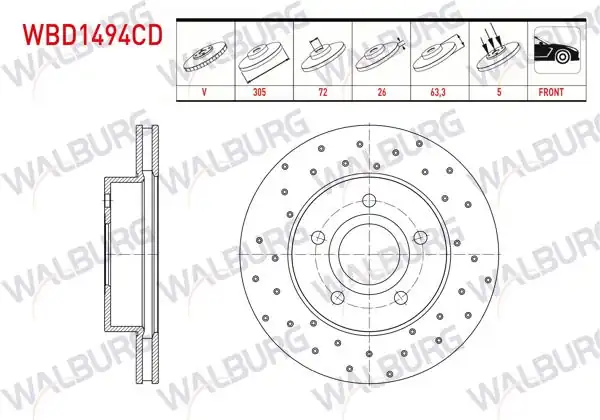 WALBURG WBD1494CD | Fren Diski Ön Havalı Kaplamalı Performans Delikli 5 Bjn | 2 Adet