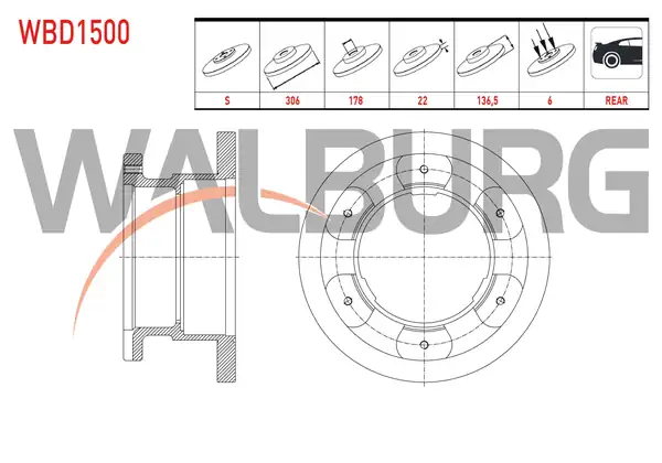 WALBURG WBD1500 | Fren Diski Arka Düz 6 Bjn 306x22x178x136 5 Iveco Daily III 2 8 D 1999 2006 2 Adet