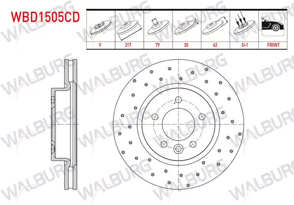 WALBURG WBD1505CD | Fren Diski Ön Havalı Kaplamalı Performans Delikli Land Rover Discovery III Taa 2 7 V6 TDI 5 Bjn 317x30x79x62 2004 2010 2 Adet