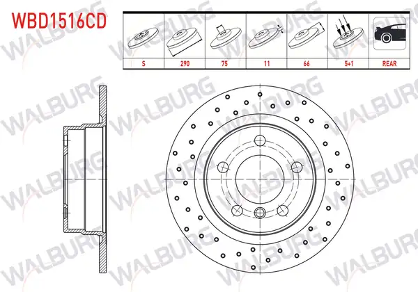 WALBURG WBD1516CD | Fren Diski Arka Düz Kaplamalı Performans Delikli Bmw 1 Serisi F20 F21 116 D 5 Bjn 290x11x75x66 2010 2 Adet