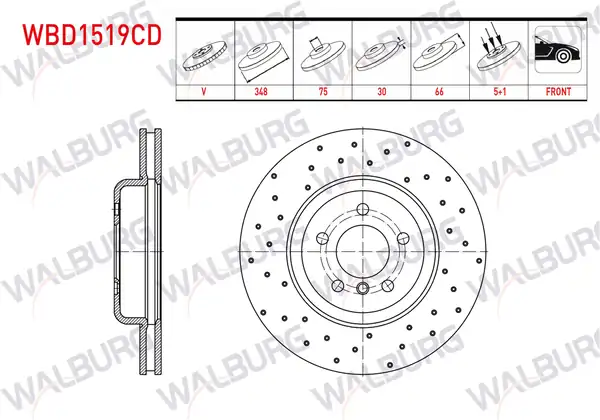 WALBURG WBD1519CD | Fren Diski Ön Havalı Kaplamalı Performans Delikli Bmw 5 Serisi F10 525 D 5 Bjn 348x30x75x66 2010 2 Adet