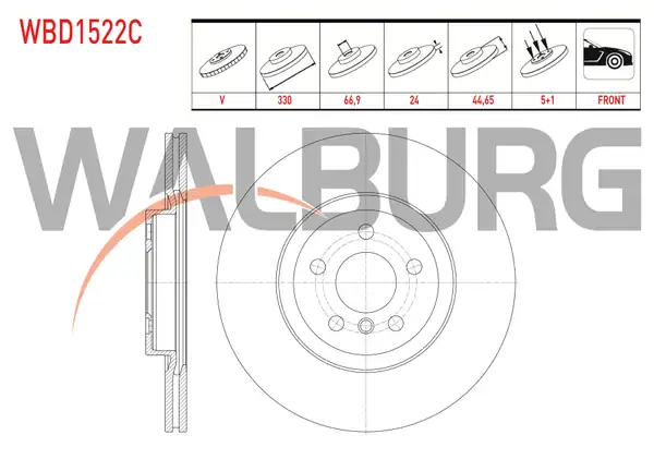 WALBURG WBD1522C | Fren Diski Ön Havalı Kaplamalı 5 Bjn 330X24x66,9X45,4 BMW X1 (F48) 2.0 D-2.0İ 2014-/ 2 Serisi (F45) 220 D 2014-| 2 Adet