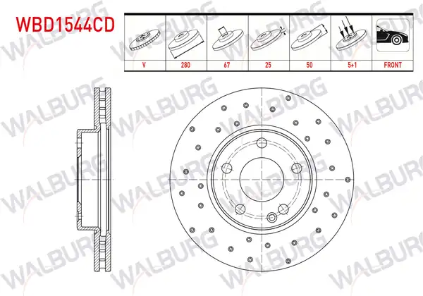 WALBURG WBD1544CD | Fren Diski Ön Havalı Kaplamalı Performans Delikli Mercedes A Serisi (W176) A 160 CDI 5 Bjn 280X25x67x50 2012-| 2 Adet