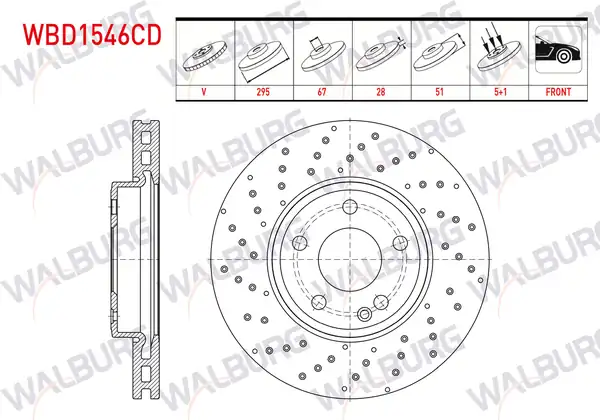 WALBURG WBD1546CD | Fren Diski Ön Havalı Kaplamalı Performans Delikli 5 Bjn 295X28x67x51 Mercedes A Serisi (W176) A 160 CDI 2012-| 2 Adet
