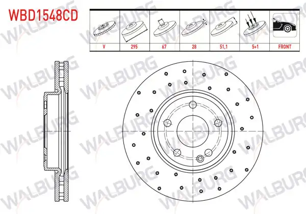 WALBURG WBD1548CD | Fren Diski Ön Havalı Kaplamalı Performans Delikli Mercedes A Serisi (W176) A 220 CDI 5 Bjn 295X28x67x51,1 2012-| 2 Adet